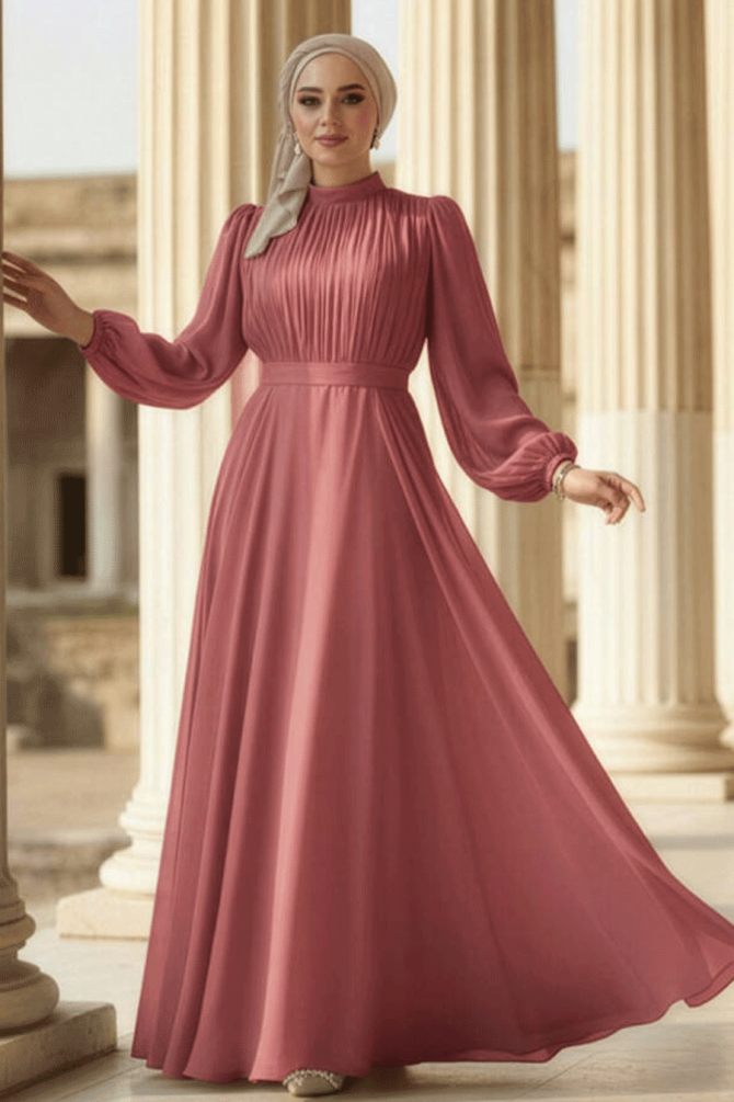 Tesettürlü Abiye Elbise - Drape Detaylı Gül Kurusu Tesettür Abiye Elbise 51072GK - 1