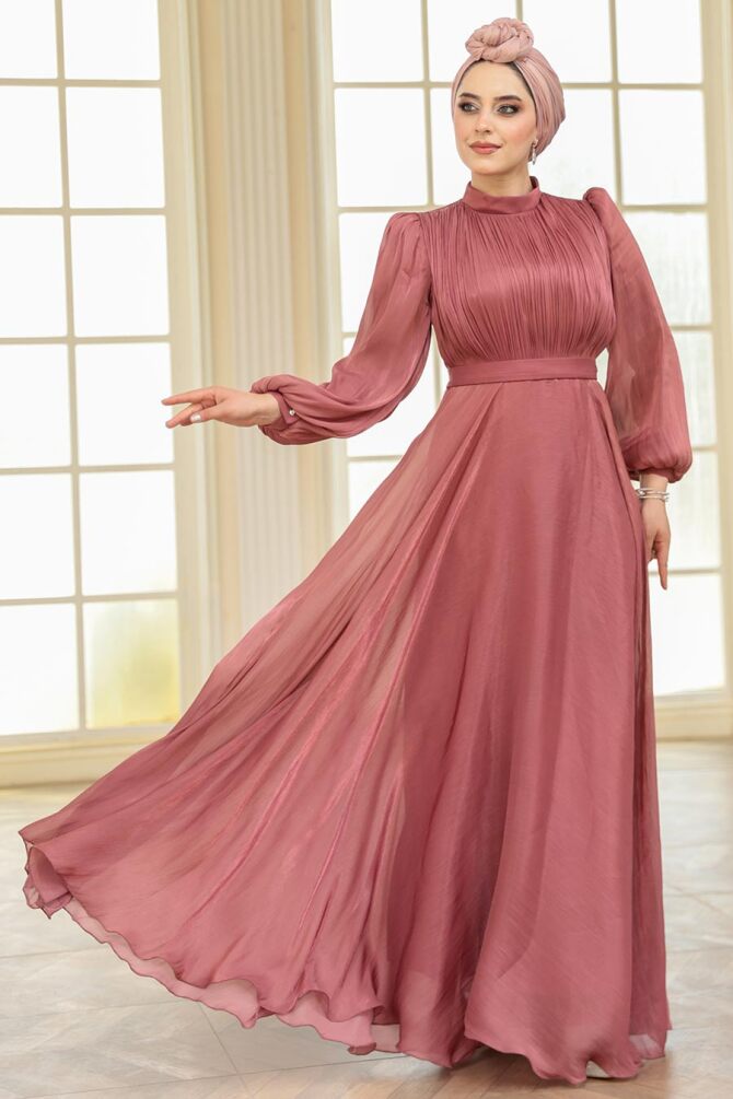 Tesettürlü Abiye Elbise - Drape Detaylı Gül Kurusu Tesettür Abiye Elbise 51072GK - N.S NEVA STYLE