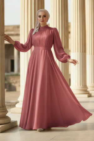 Tesettürlü Abiye Elbise - Drape Detaylı Gül Kurusu Tesettür Abiye Elbise 51072GK 