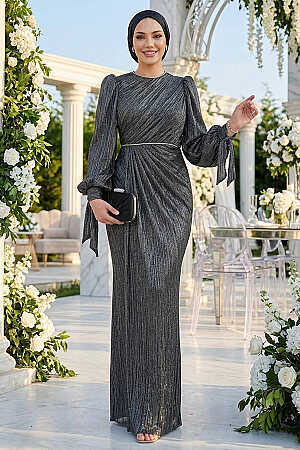 Tesettürlü Abiye Elbise - Drape Detaylı Gümüş Tesettür Abiye Elbise 55172GMS 