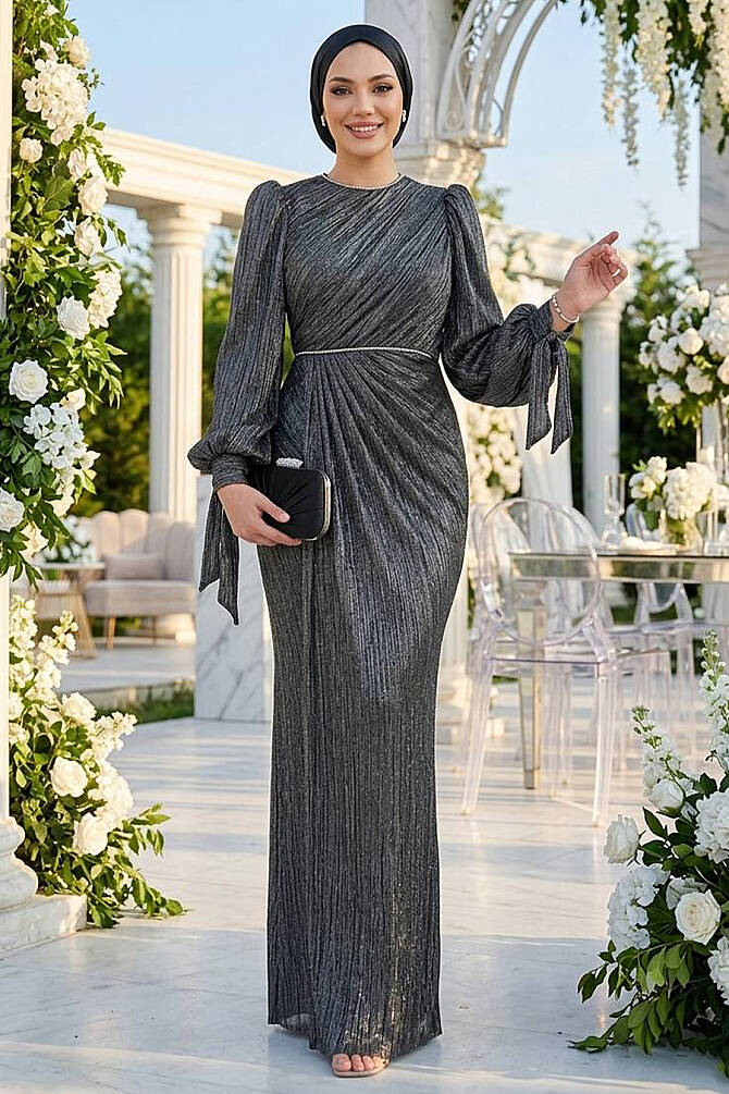 Tesettürlü Abiye Elbise - Drape Detaylı Gümüş Tesettür Abiye Elbise 55172GMS - 1