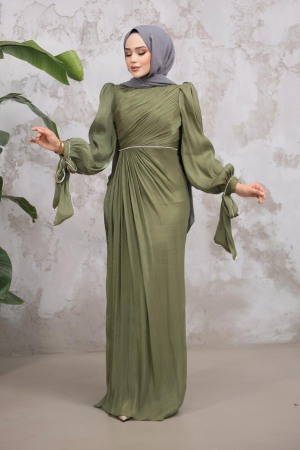 Tesettürlü Abiye Elbise - Drape Detaylı Haki Tesettür Abiye Elbise 50193HK 
