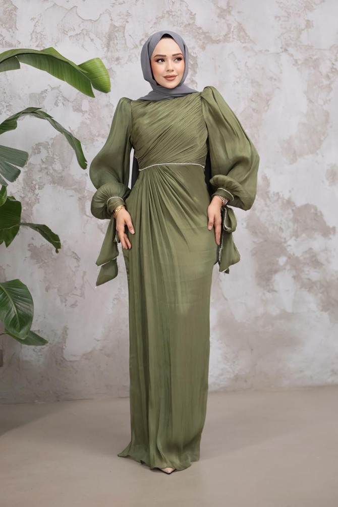 Tesettürlü Abiye Elbise - Drape Detaylı Haki Tesettür Abiye Elbise 50193HK - 2