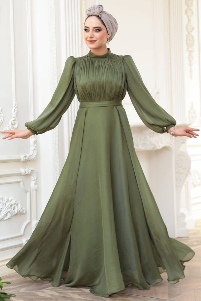 Tesettürlü Abiye Elbise - Drape Detaylı Haki Tesettür Abiye Elbise 51072HK - 2