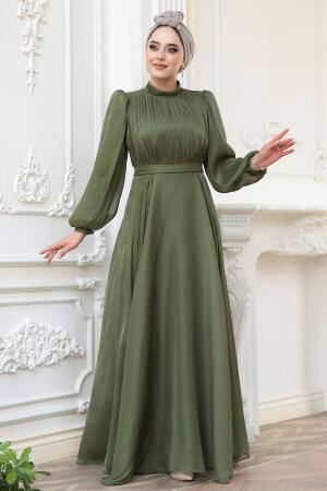 Tesettürlü Abiye Elbise - Drape Detaylı Haki Tesettür Abiye Elbise 51072HK - 3