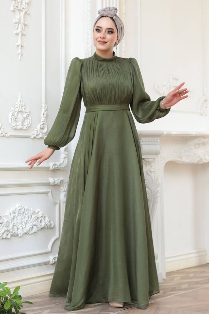 Tesettürlü Abiye Elbise - Drape Detaylı Haki Tesettür Abiye Elbise 51072HK - 3