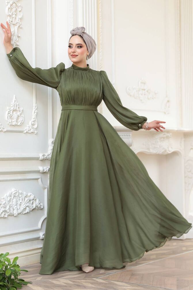 Tesettürlü Abiye Elbise - Drape Detaylı Haki Tesettür Abiye Elbise 51072HK - 4