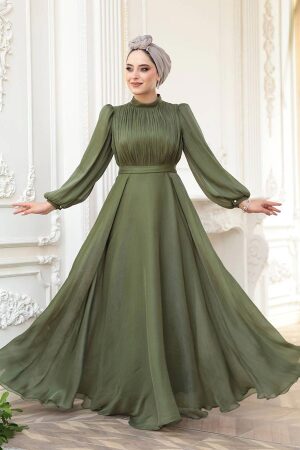Tesettürlü Abiye Elbise - Drape Detaylı Haki Tesettür Abiye Elbise 51072HK 