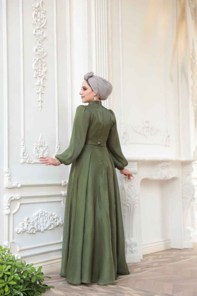 Tesettürlü Abiye Elbise - Drape Detaylı Haki Tesettür Abiye Elbise 51072HK - 5