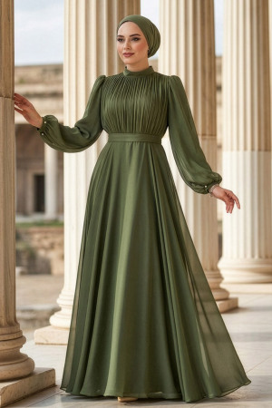 Tesettürlü Abiye Elbise - Drape Detaylı Haki Tesettür Abiye Elbise 51072HK 