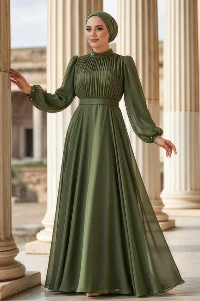 Tesettürlü Abiye Elbise - Drape Detaylı Haki Tesettür Abiye Elbise 51072HK - N.S NEVA STYLE