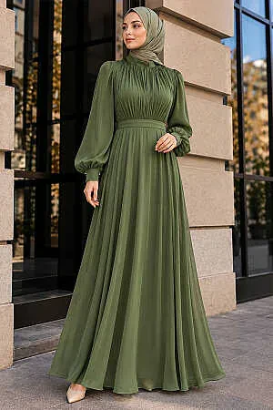 Tesettürlü Abiye Elbise - Drape Detaylı Haki Tesettür Abiye Elbise 51072HK 