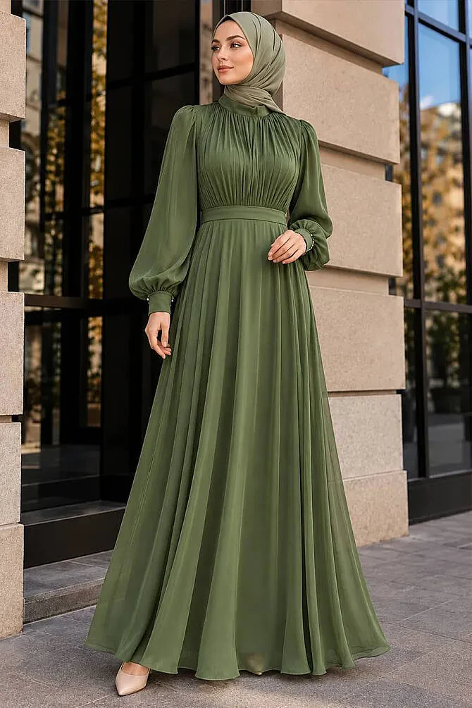 Tesettürlü Abiye Elbise - Drape Detaylı Haki Tesettür Abiye Elbise 51072HK - 1