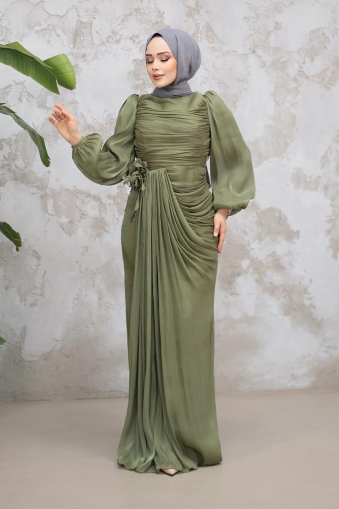 Tesettürlü Abiye Elbise - Drape Detaylı Haki Tesettür Abiye Elbise 51203HK - 1