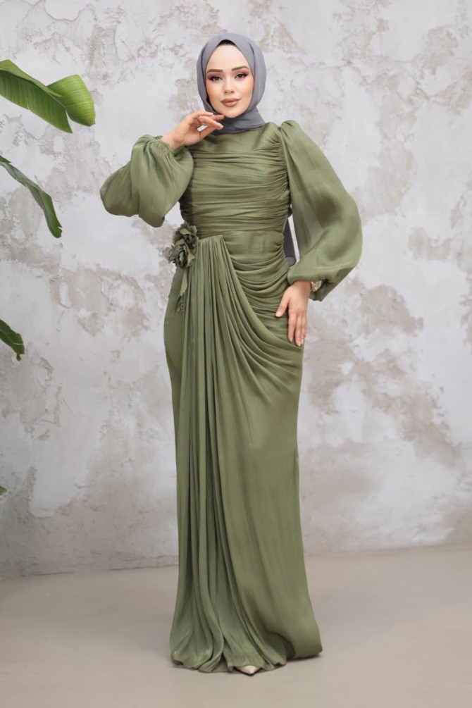Tesettürlü Abiye Elbise - Drape Detaylı Haki Tesettür Abiye Elbise 51203HK - 3