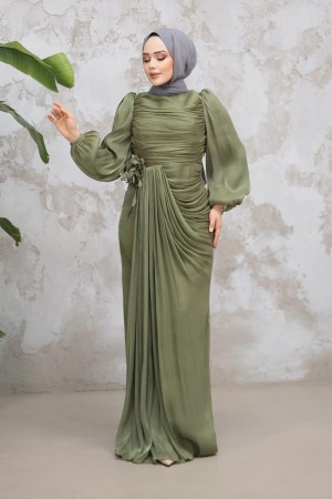 Tesettürlü Abiye Elbise - Drape Detaylı Haki Tesettür Abiye Elbise 51203HK 