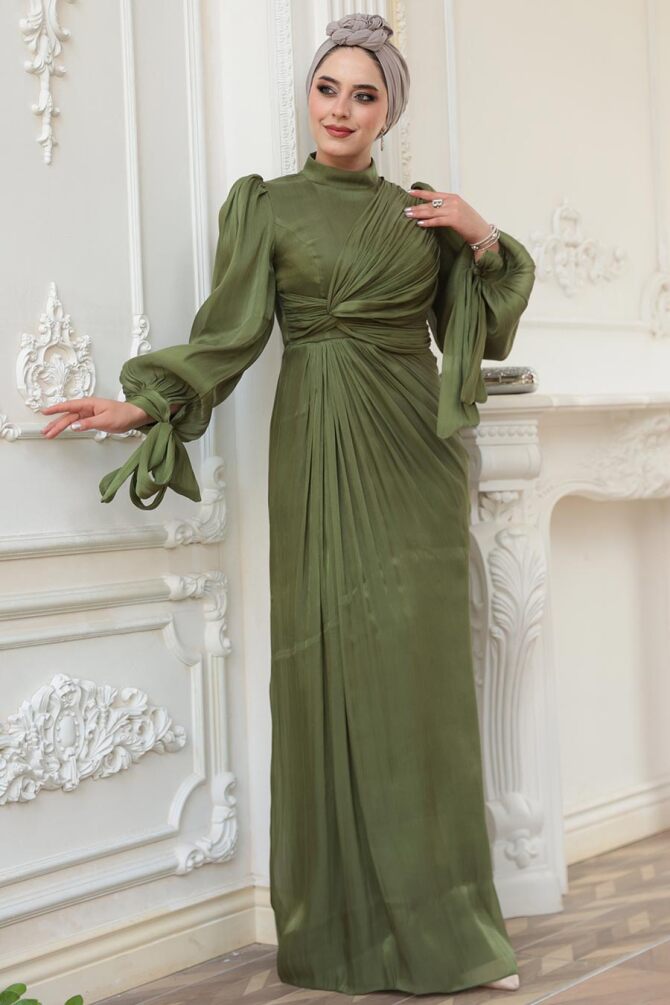Tesettürlü Abiye Elbise - Drape Detaylı Haki Tesettür Abiye Elbise 52285HK - 2