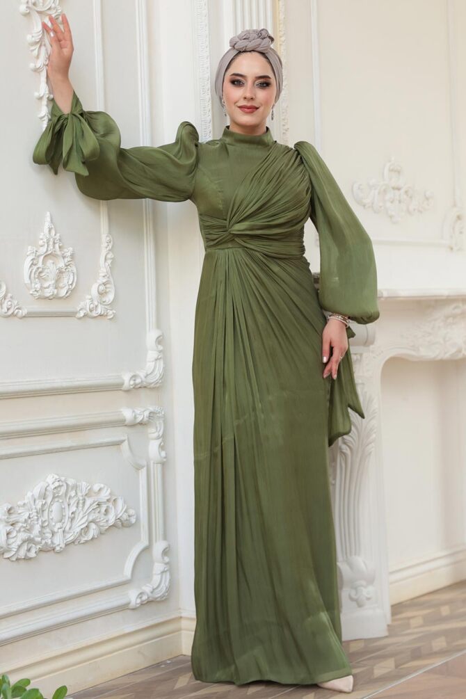 Tesettürlü Abiye Elbise - Drape Detaylı Haki Tesettür Abiye Elbise 52285HK - 3