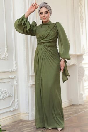 Tesettürlü Abiye Elbise - Drape Detaylı Haki Tesettür Abiye Elbise 52285HK - 4