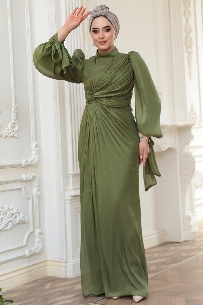 Tesettürlü Abiye Elbise - Drape Detaylı Haki Tesettür Abiye Elbise 52285HK - 4