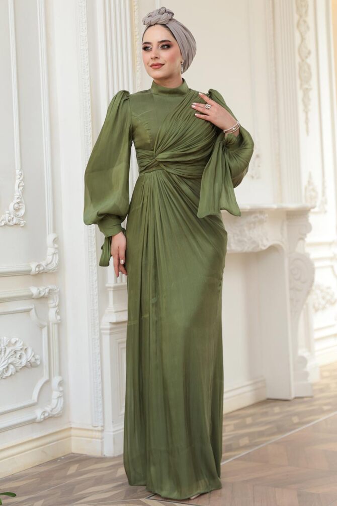 Tesettürlü Abiye Elbise - Drape Detaylı Haki Tesettür Abiye Elbise 52285HK - 1