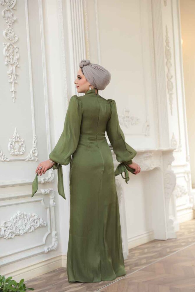Tesettürlü Abiye Elbise - Drape Detaylı Haki Tesettür Abiye Elbise 52285HK - 5