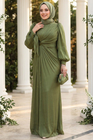 Tesettürlü Abiye Elbise - Drape Detaylı Haki Tesettür Abiye Elbise 52285HK 