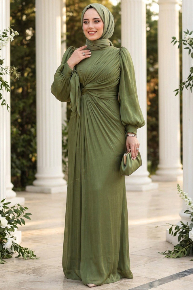 Tesettürlü Abiye Elbise - Drape Detaylı Haki Tesettür Abiye Elbise 52285HK - 1