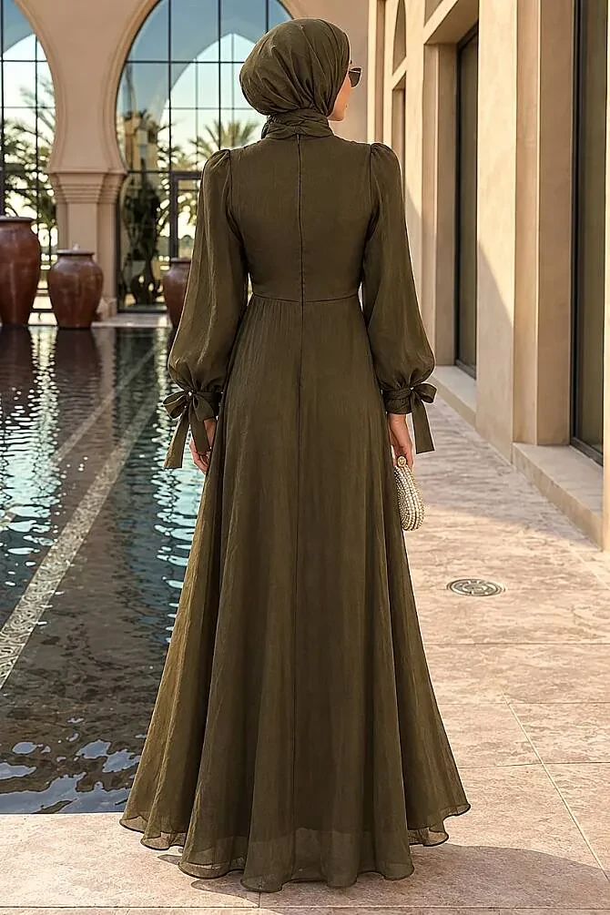 Tesettürlü Abiye Elbise - Drape Detaylı Haki Tesettür Abiye Elbise 62201HK - 2