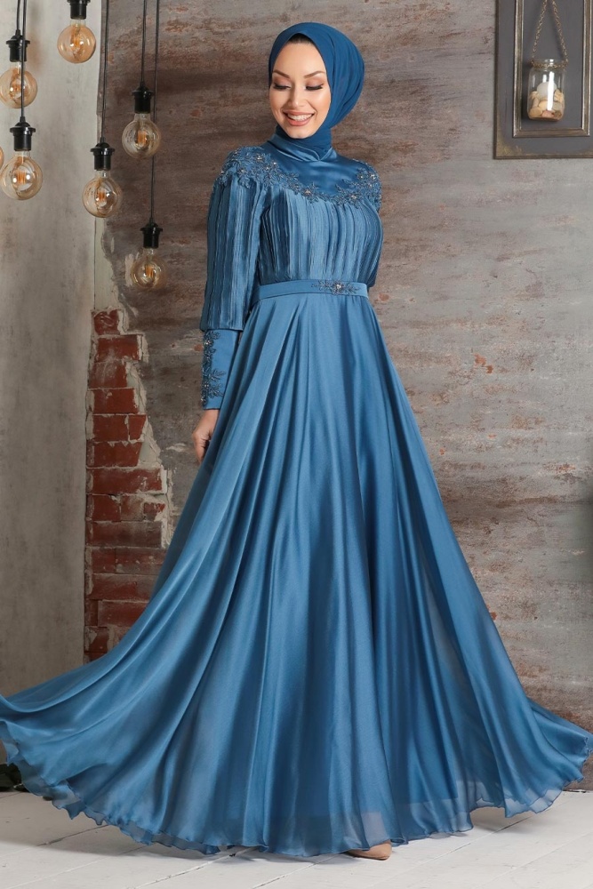Tesettürlü Abiye Elbise - Drape Detaylı İndigo Mavisi Tesettür Abiye Elbise 21881IM - 1