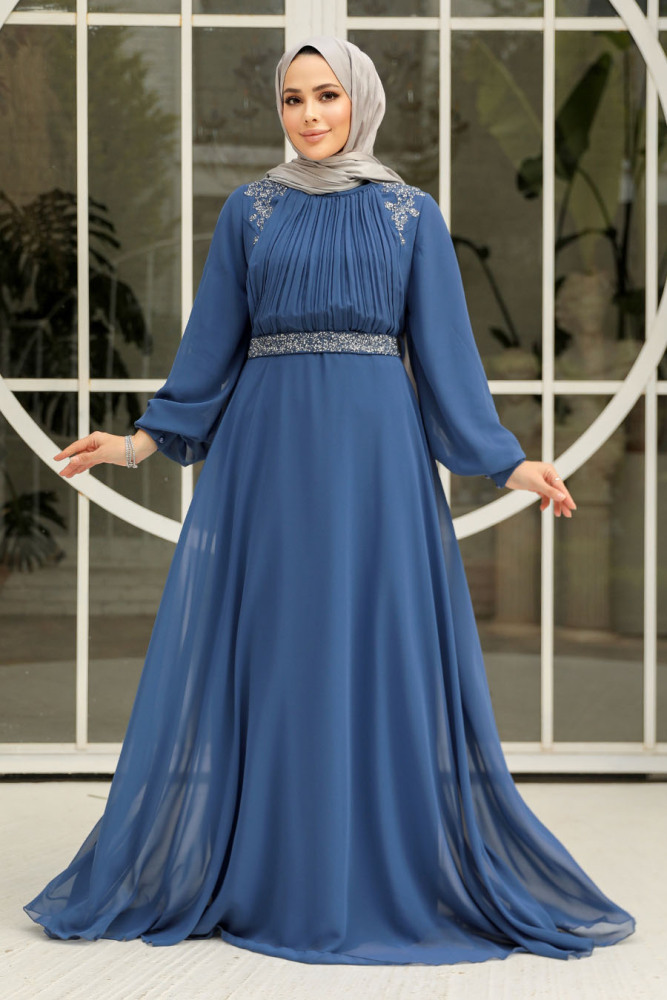 Tesettürlü Abiye Elbise - Drape Detaylı İndigo Mavisi Tesettür Abiye Elbise 25879IM - 2