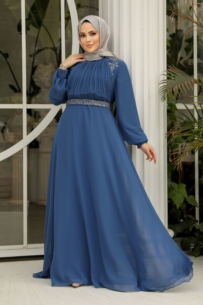 Tesettürlü Abiye Elbise - Drape Detaylı İndigo Mavisi Tesettür Abiye Elbise 25879IM - 1