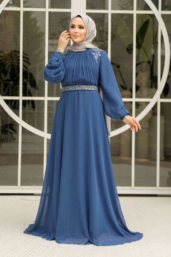Tesettürlü Abiye Elbise - Drape Detaylı İndigo Mavisi Tesettür Abiye Elbise 25879IM - 3