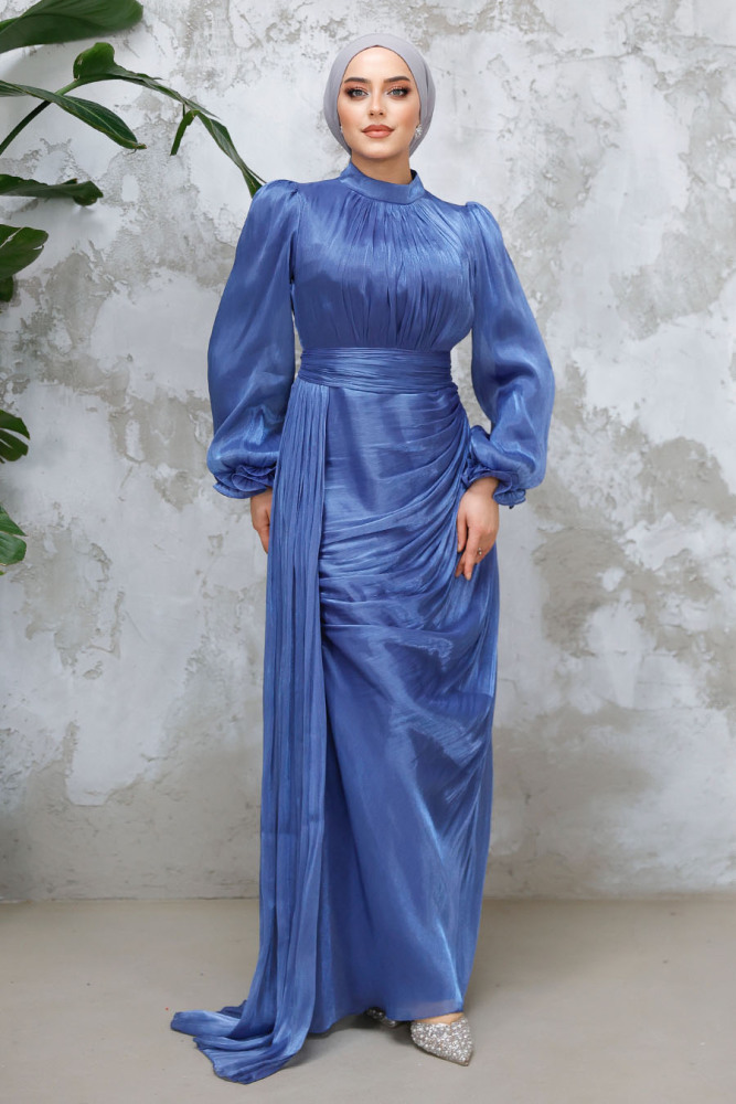 Tesettürlü Abiye Elbise - Drape Detaylı İndigo Mavisi Tesettür Abiye Elbise 4934IM - 2