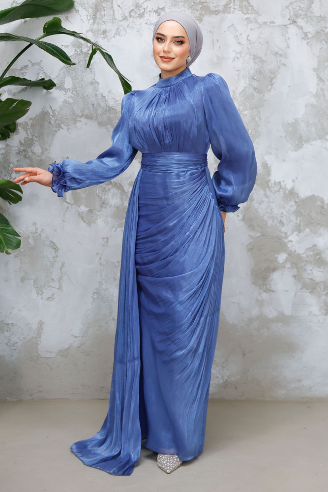 Tesettürlü Abiye Elbise - Drape Detaylı İndigo Mavisi Tesettür Abiye Elbise 4934IM - 1