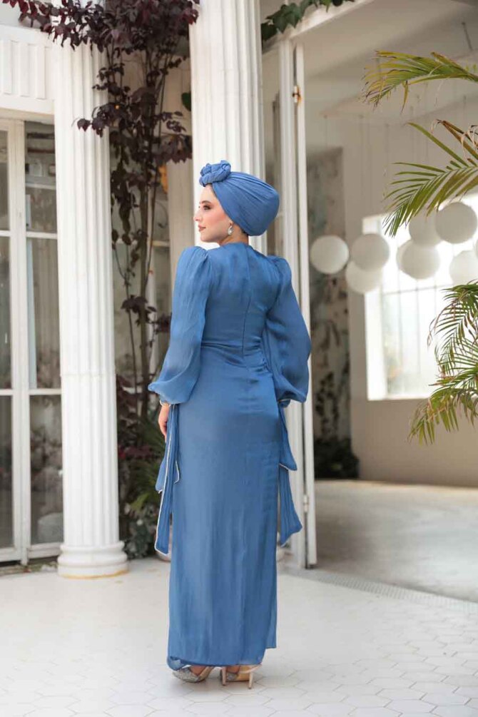 Tesettürlü Abiye Elbise - Drape Detaylı İndigo Mavisi Tesettür Abiye Elbise 50193IM - 4