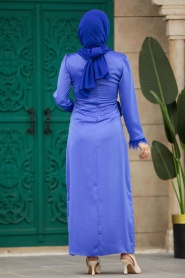 Tesettürlü Abiye Elbise - Drape Detaylı İndigo Mavisi Tesettür Saten Abiye Elbise 5921IM - Thumbnail