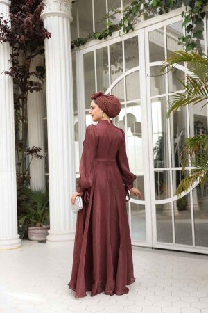Tesettürlü Abiye Elbise - Drape Detaylı Kahverengi Tesettür Abiye Elbise 4823KH - 4