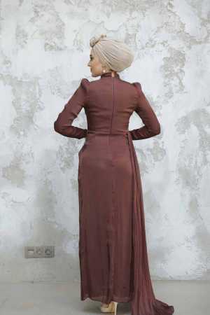 Tesettürlü Abiye Elbise - Drape Detaylı Kahverengi Tesettür Abiye Elbise 4919KH - 4