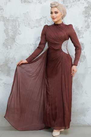 Tesettürlü Abiye Elbise - Drape Detaylı Kahverengi Tesettür Abiye Elbise 4919KH - 1