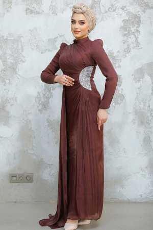 Tesettürlü Abiye Elbise - Drape Detaylı Kahverengi Tesettür Abiye Elbise 4919KH - 2