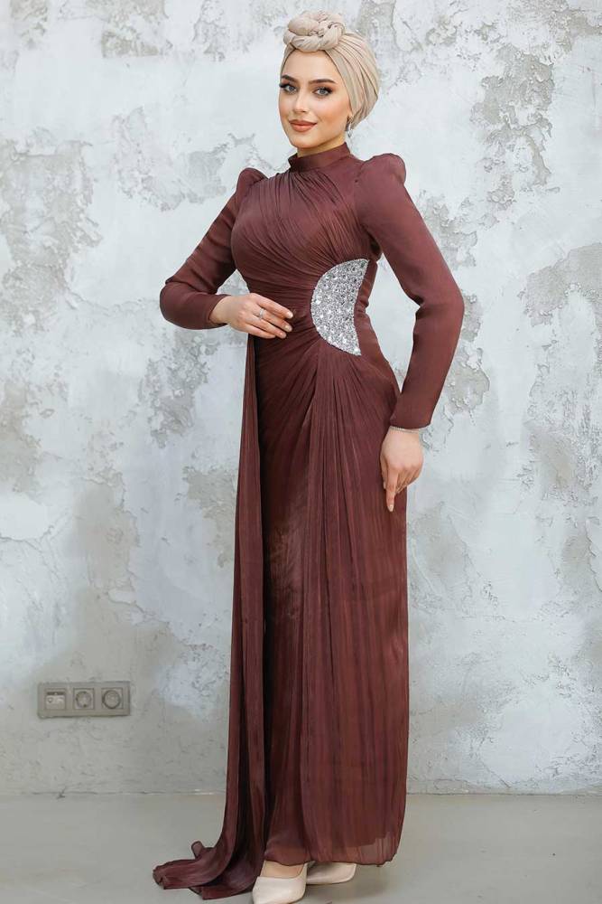 Tesettürlü Abiye Elbise - Drape Detaylı Kahverengi Tesettür Abiye Elbise 4919KH - 2