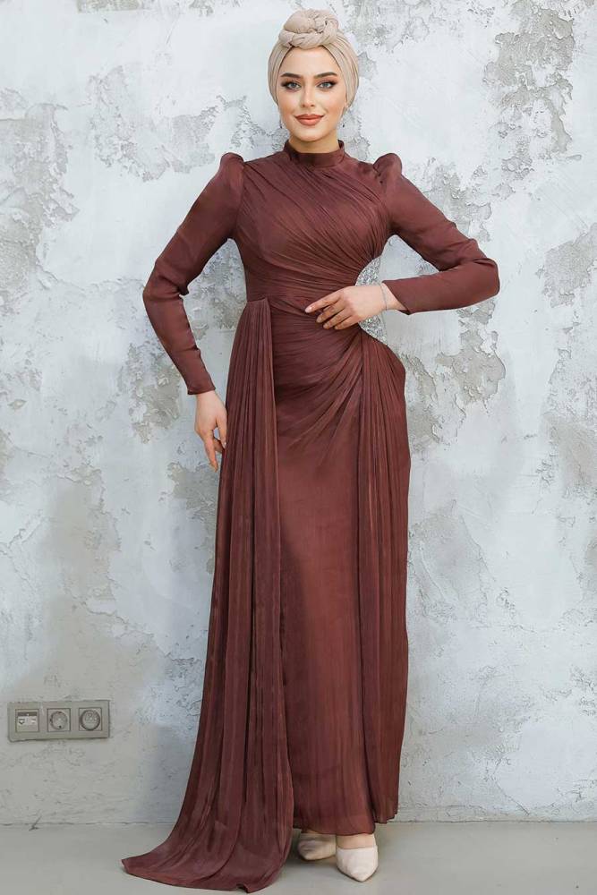 Tesettürlü Abiye Elbise - Drape Detaylı Kahverengi Tesettür Abiye Elbise 4919KH - 3
