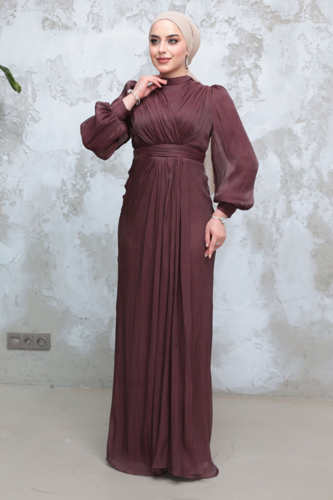 Tesettürlü Abiye Elbise - Drape Detaylı Kahverengi Tesettür Abiye Elbise 50921KH - TESETTÜRLÜ ABİYE ELBİSELER