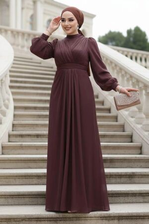 Tesettürlü Abiye Elbise - Drape Detaylı Kahverengi Tesettür Abiye Elbise 50921KH 