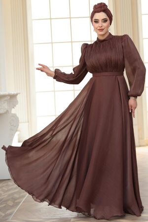 Tesettürlü Abiye Elbise - Drape Detaylı Kahverengi Tesettür Abiye Elbise 51072KH 