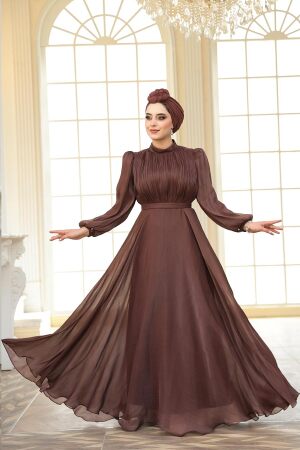 Tesettürlü Abiye Elbise - Drape Detaylı Kahverengi Tesettür Abiye Elbise 51072KH - 4