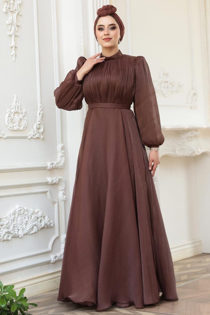 Tesettürlü Abiye Elbise - Drape Detaylı Kahverengi Tesettür Abiye Elbise 51072KH - 3