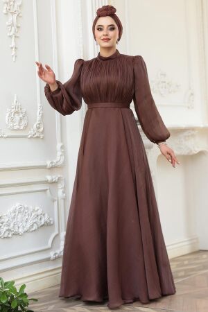 Tesettürlü Abiye Elbise - Drape Detaylı Kahverengi Tesettür Abiye Elbise 51072KH - 2