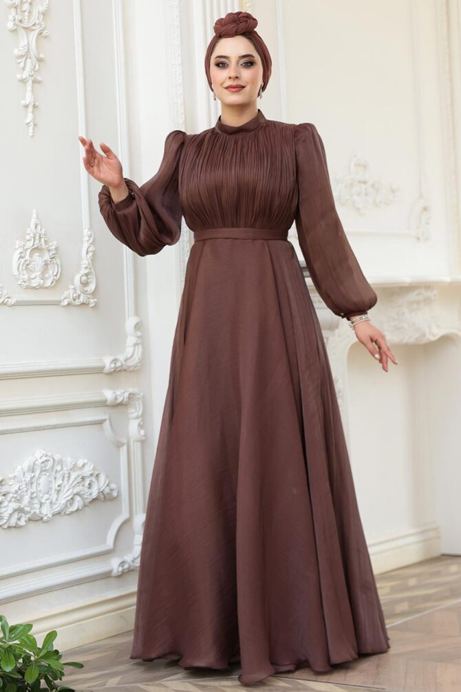 Tesettürlü Abiye Elbise - Drape Detaylı Kahverengi Tesettür Abiye Elbise 51072KH - 2